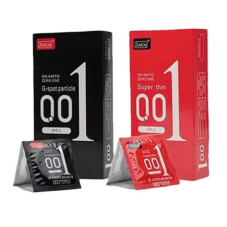 ถุงยางอนามัย 001 JUNCAI (10ชิ้น/กล่อง) บางมาก 0.01 มม. บางเฉียบเหมือนเสียบสด ขนาด 52 มม. ( รหัส T32 )