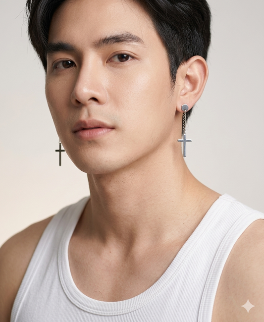ต่างหูดัมเบลล์แสตนเลสไม้กางเขนสีเงิน ( รหัส E017 )